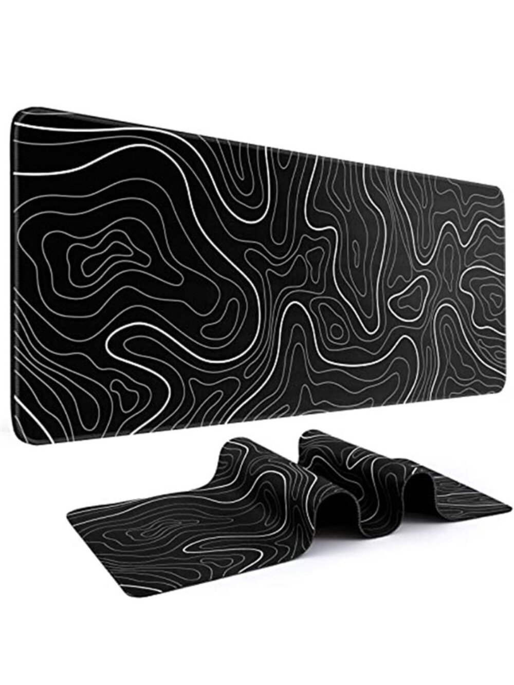 Gaming Mouse Pad, Black with White Topographic Line, 31.5x11.8in
